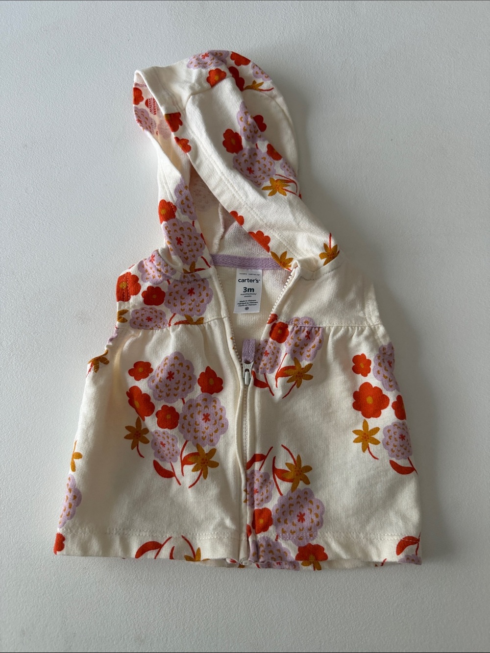 Carter's Cream Hooded Baby Vest with Red & Lavender Floral Print
